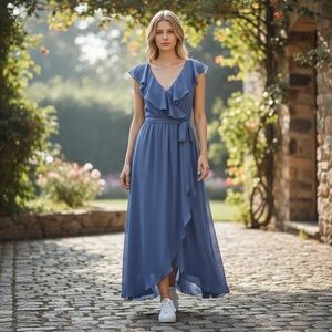 Baltic Born Blue Wrap Maxi Kia Dress Kimono Sleeve Tie Waist XL Elegant Flowy